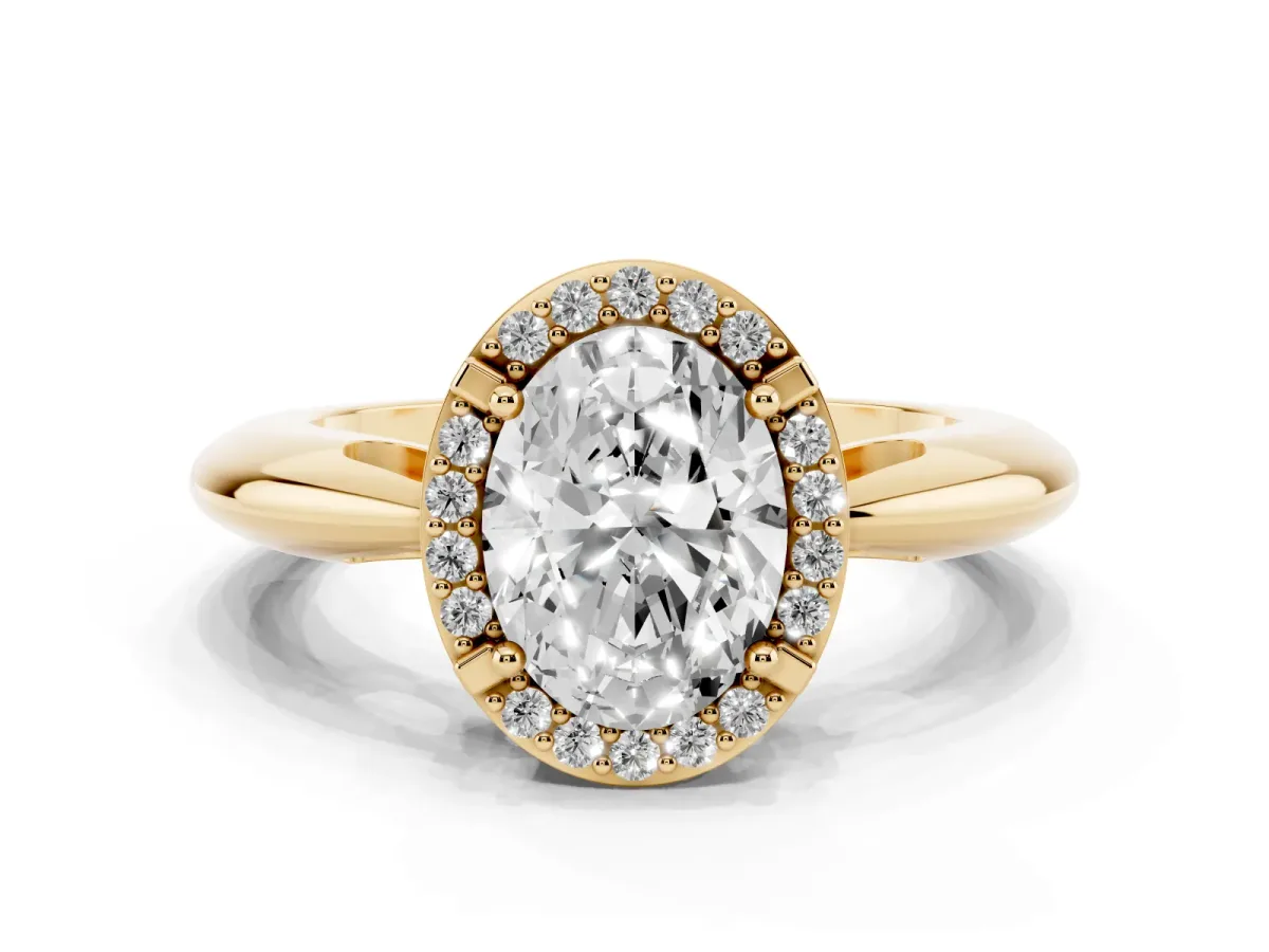 Oval Cut Cut Diamond Halo Engagement Ring with Split Shank and Four-Prong Setting Yellow gold