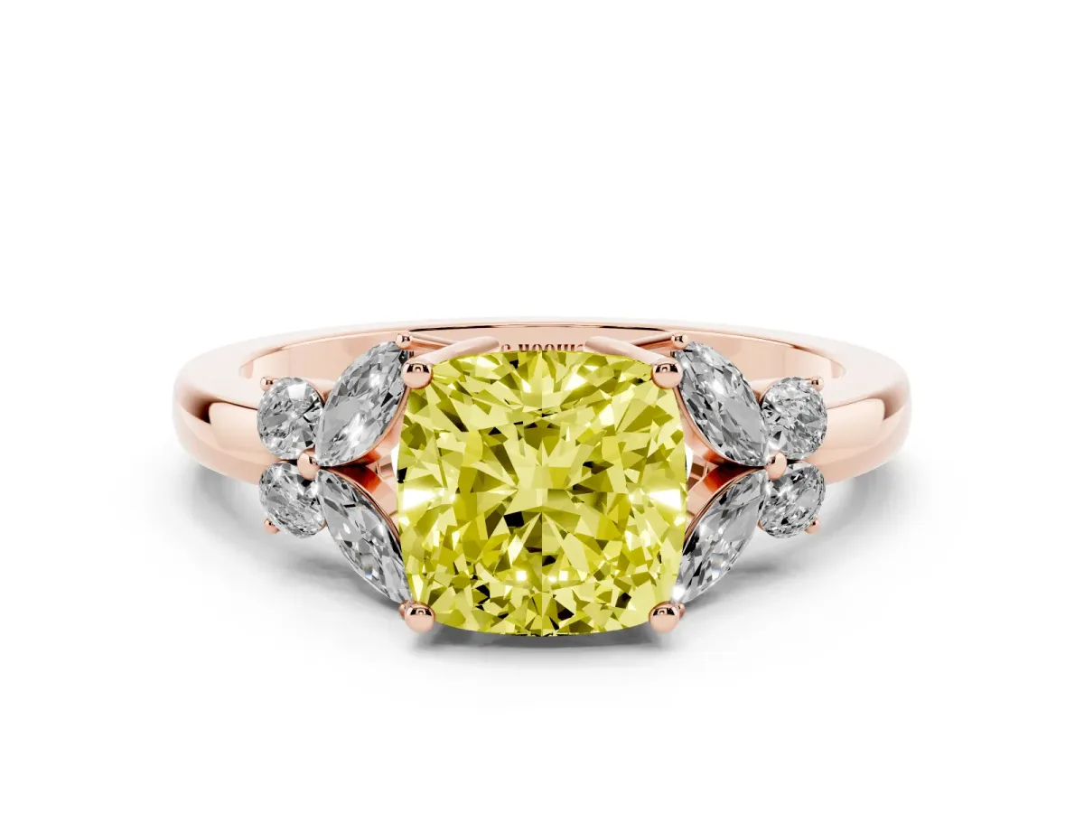 Fancy Yellow Cushion Cut Cut Solitaire Floral Diamond Ring with Four-Prong Setting Rose gold