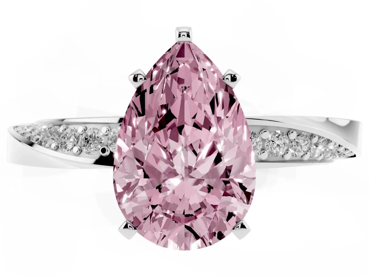 Fancy Pink Pear Cut Diamond Engagement Ring with Side Stone Accents and Four-Prong Setting Silver