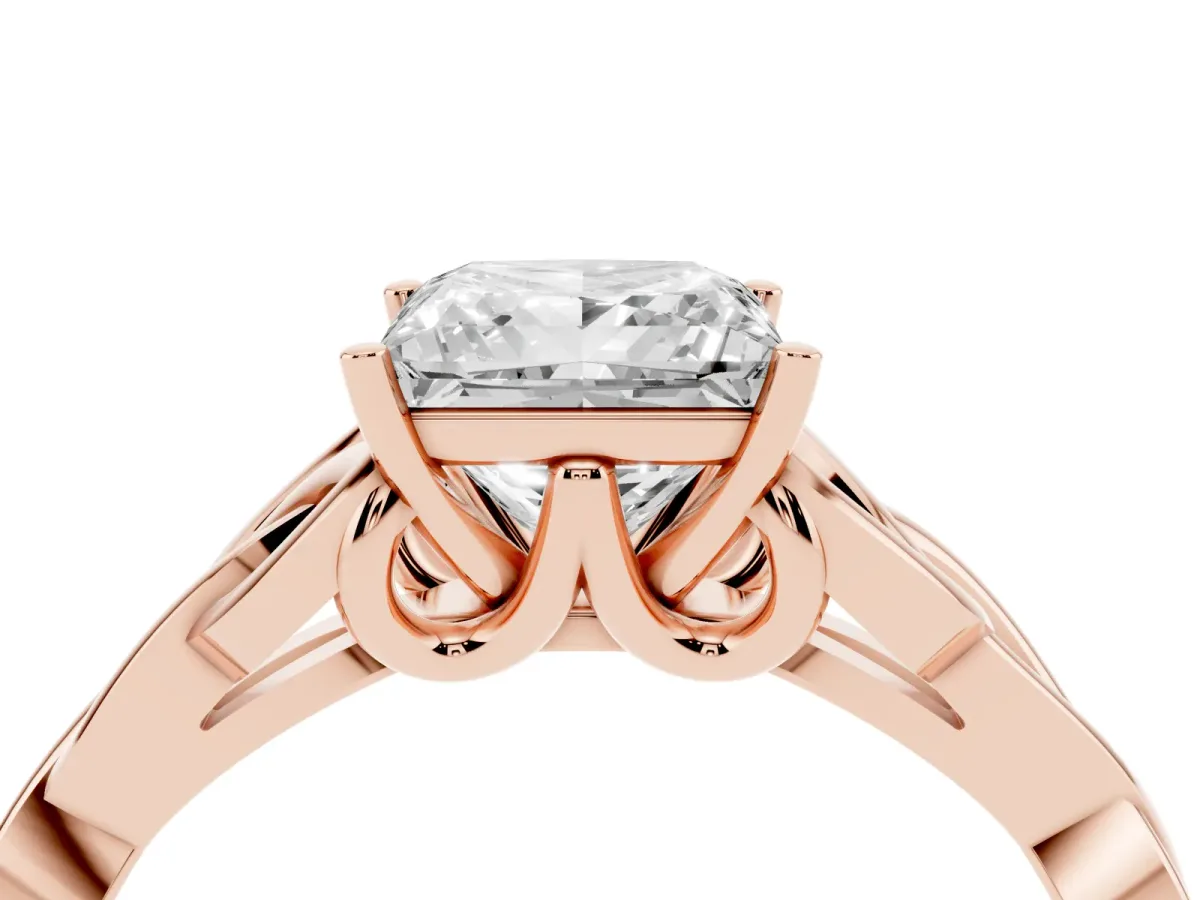 Princess Cut Diamond Solitaire Engagement Ring with Celtic Knot Band and Four-Prong Setting Rose gold