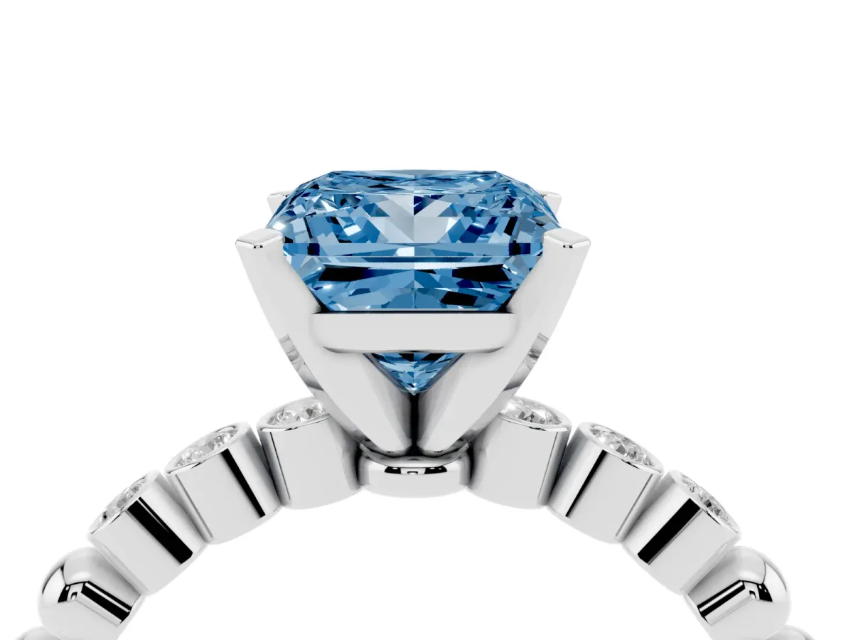 Fancy Blue Princess Cut Solitaire Bezel Accent Diamond Engagement Ring with Beaded Band and Four-Prong Setting Platinum