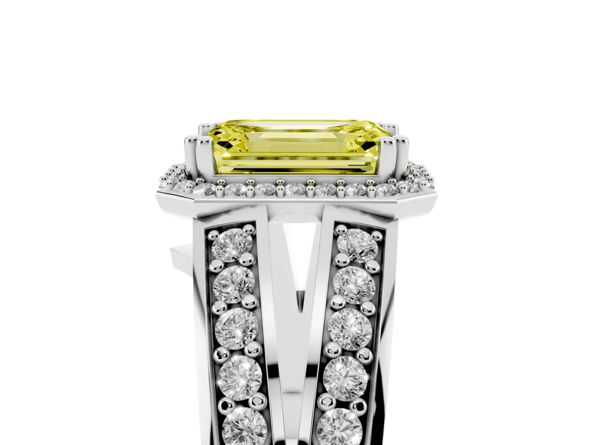 Fancy Yellow Emerald Cut Diamond Halo Ring with Split Shank Pavé Band and Four-Prong Setting White gold