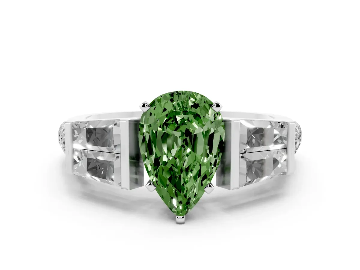 Fancy Green Pear Cut Diamond Engagement Ring with Baguette Side Stones and Channel Set Band Silver