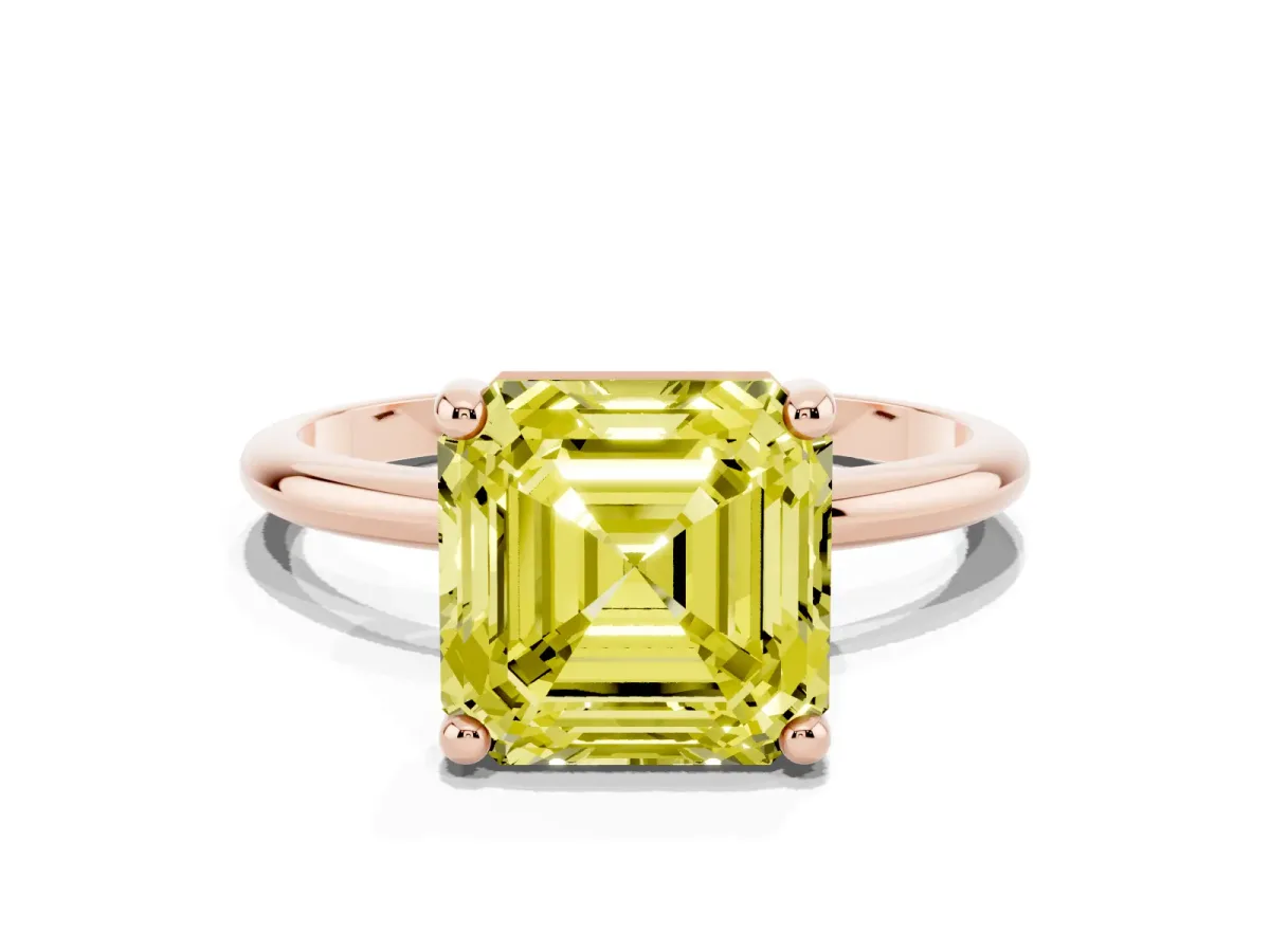 Fancy Yellow Asscher Cut Solitaire Diamond Ring with 4-Prong Setting on a Classic Band Rose gold