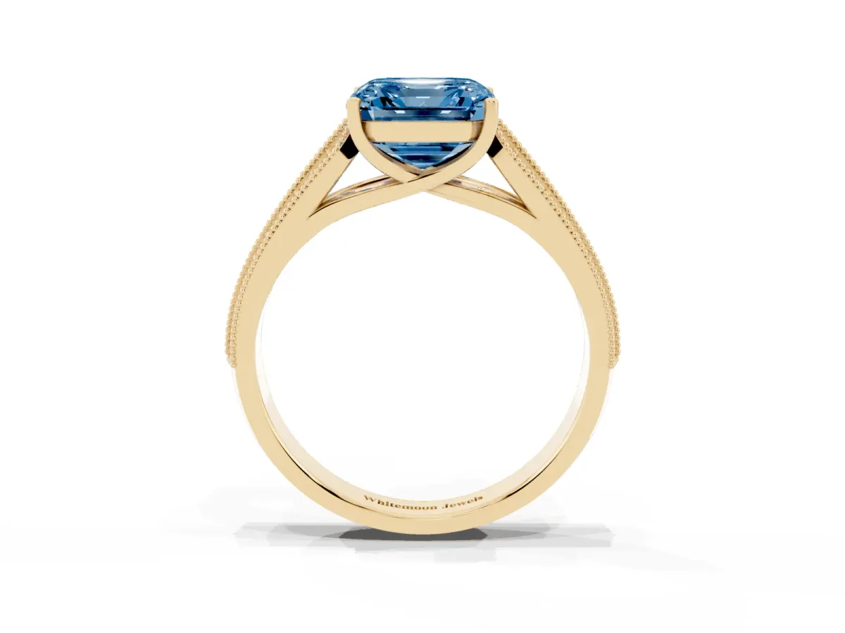 Fancy Blue Asscher Cut Cut Pave Split Shank Engagement Ring with Four-Prong Setting Yellow gold