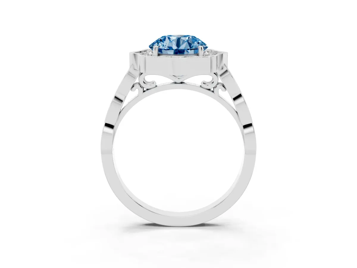 Fancy Blue Round Cut Halo Diamond Engagement Ring with Milgrain Band and Four-Prong Setting Silver