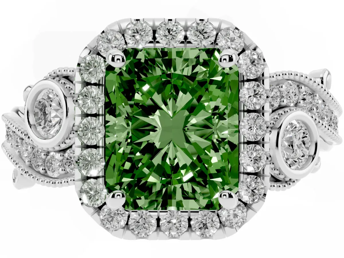 Fancy Green Radiant Cut Halo Diamond Ring with Milgrain and Bezel Accents on a Split Shank Band White gold