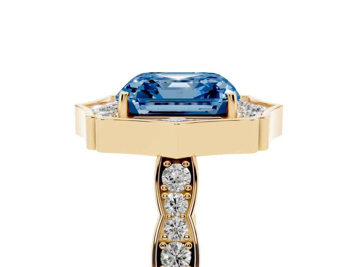 Fancy Blue Asscher Cut Halo Diamond Engagement Ring with Milgrain Band and Four-Prong Setting Yellow gold
