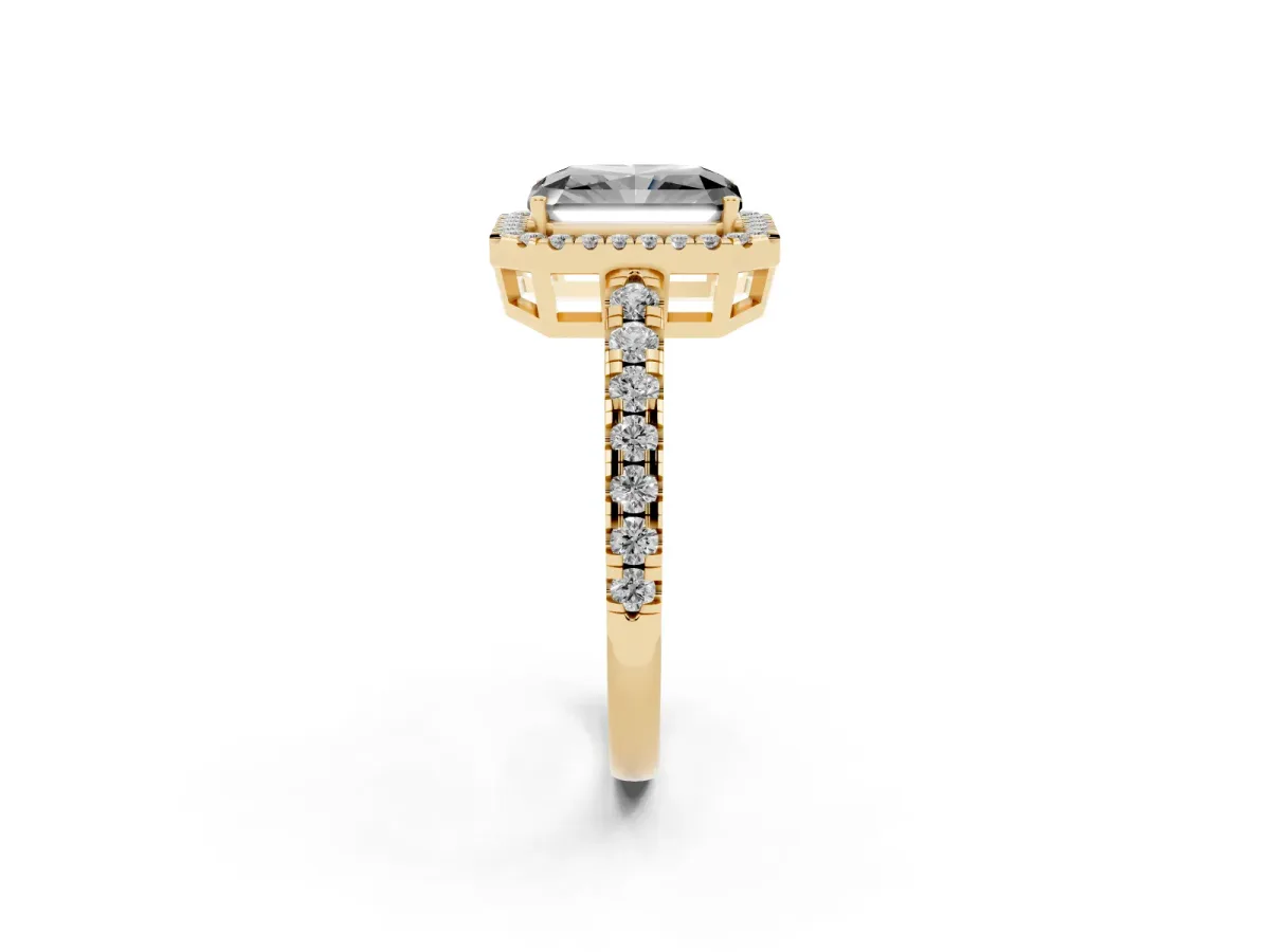 Fancy Black Radiant Cut Diamond Halo Ring with Pavé Band and Four-Prong Setting Yellow gold
