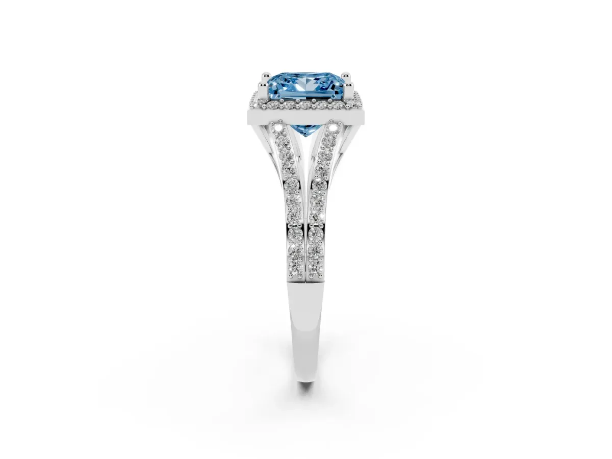 Fancy Blue Princess Cut Halo Split Shank Diamond Ring with Prong Setting Silver