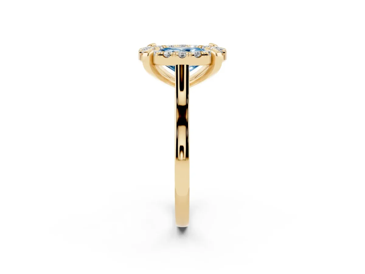 Fancy Blue Oval Cut Diamond Cluster Halo Solitaire with Four-Prong Setting Yellow gold