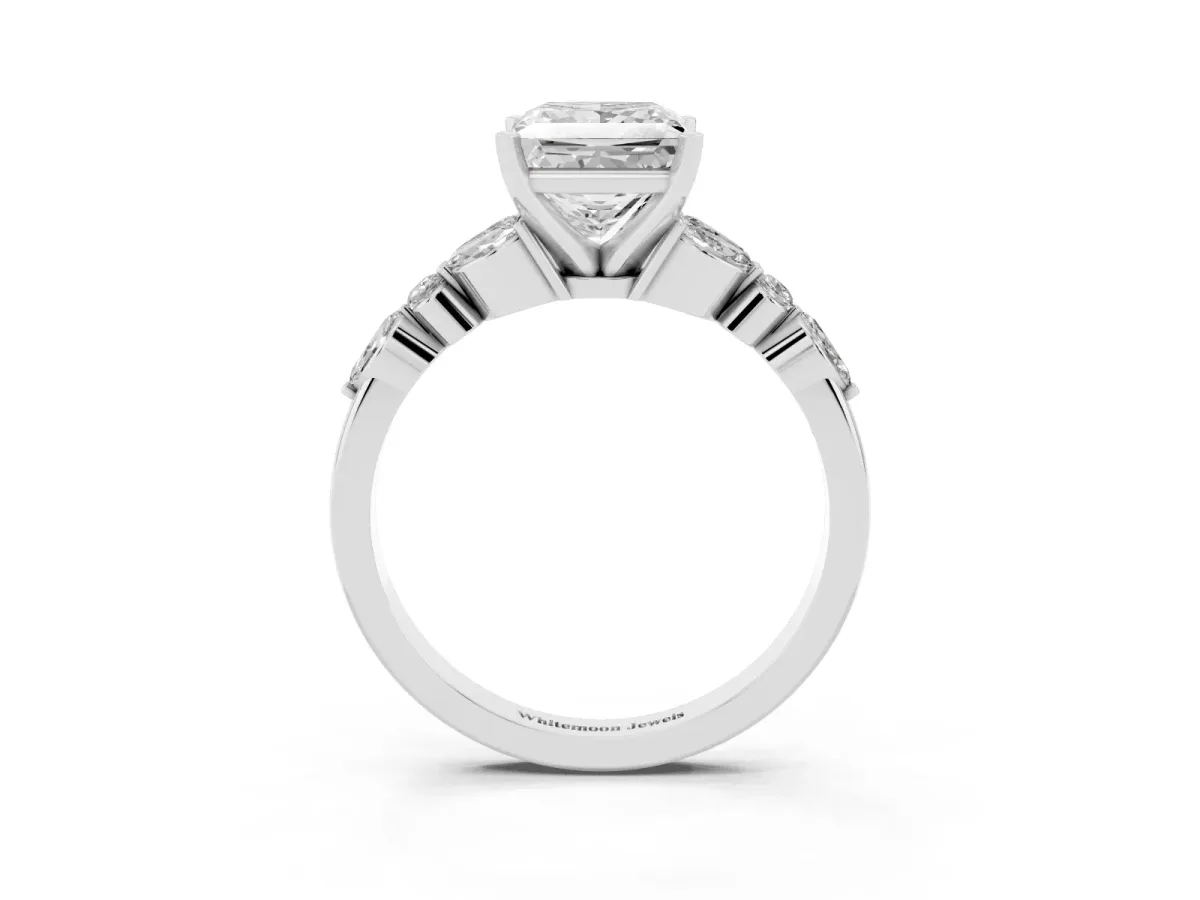 Princess Cut Diamond Solitaire Ring with Side Stones and Four-Prong Setting Platinum