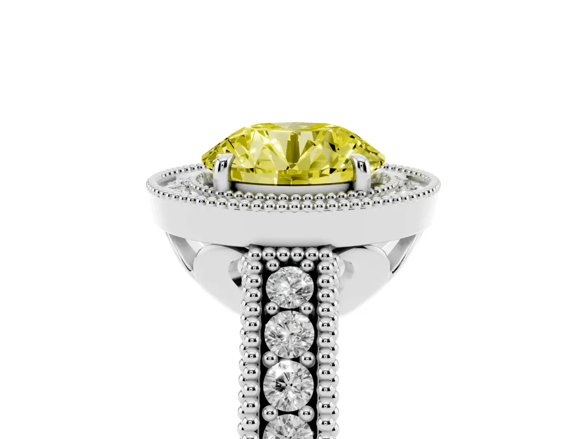 Fancy Yellow Round Cut Cut Halo Diamond Ring with Pavé Band and Four-Prong Setting Silver