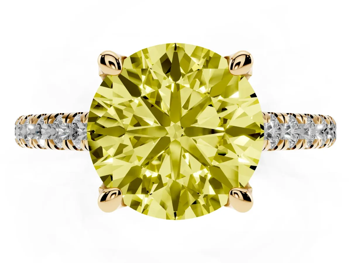 Fancy Yellow Round Cut Brilliant Diamond Solitaire with Pavé Band and Four-Prong Setting Yellow gold