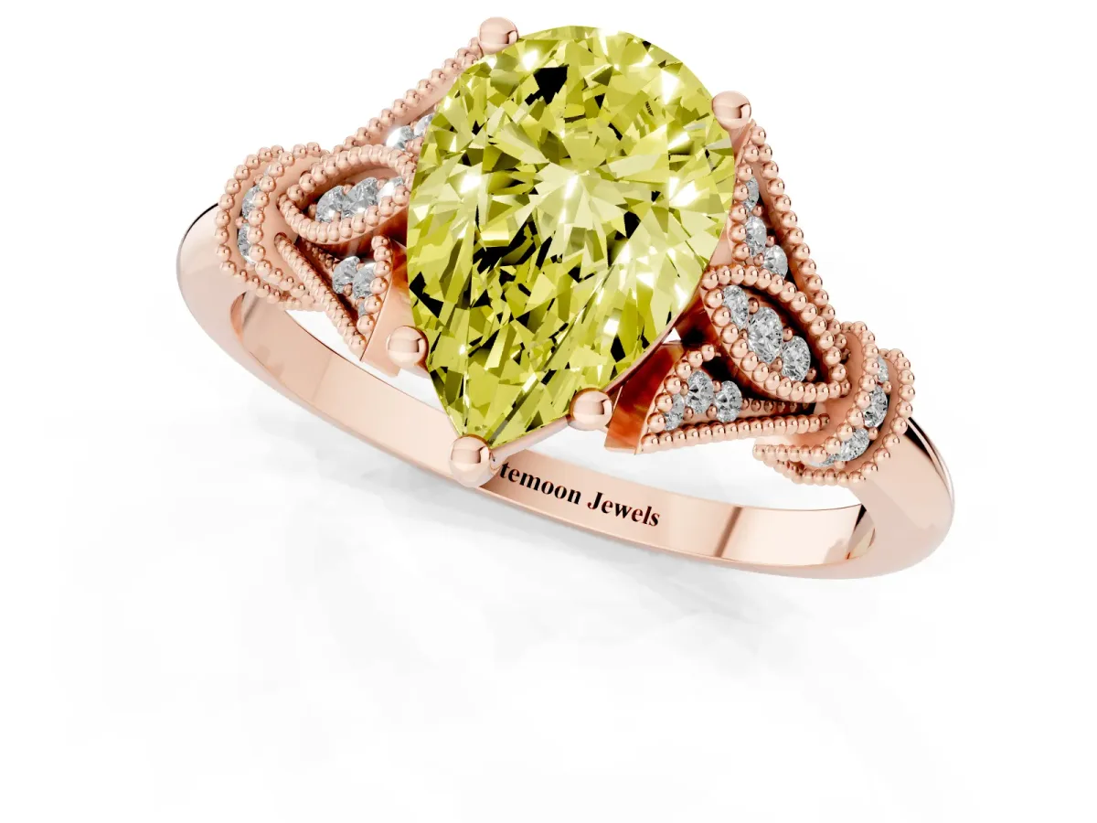 Fancy Yellow Pear Cut Diamond Solitaire Ring with Floral Filigree and Pave Accents Rose gold