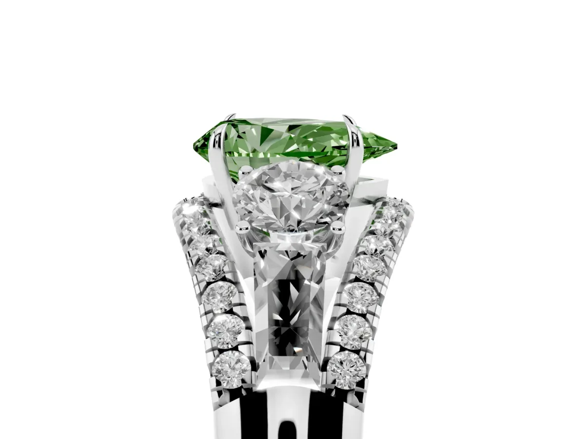 Fancy Green Three-Stone Pear Cut Diamond Engagement Ring with Pave Band and Prong Setting Platinum