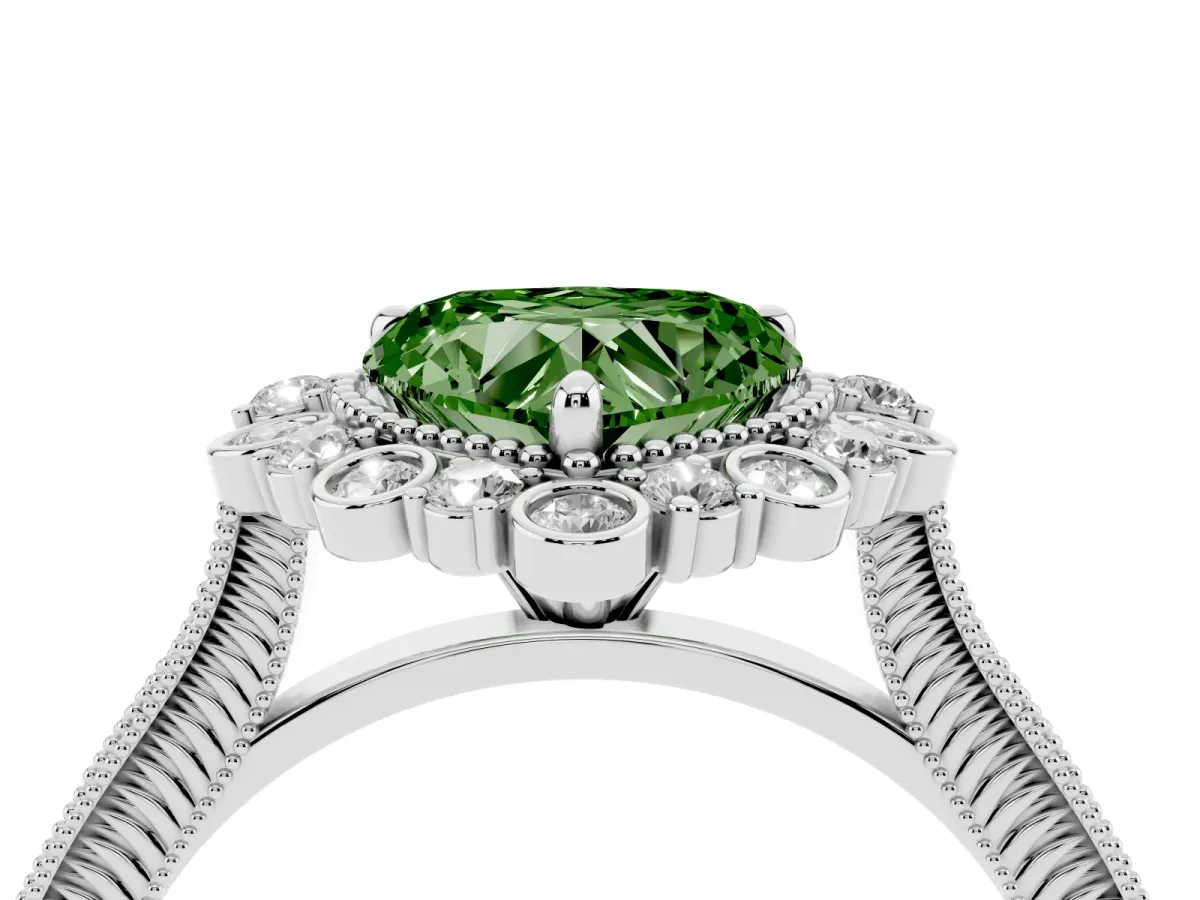 Fancy Green Heart Cut Halo Milgrain Pave Diamond Ring with Four-Prong Setting White gold