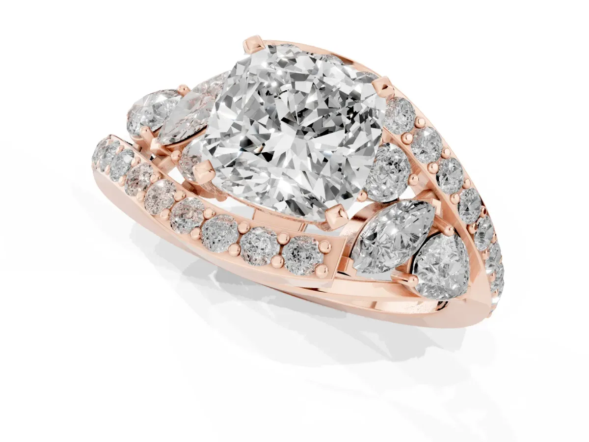 Cushion Cut Diamond Halo Ring with Marquise and Pavé Band in Prong Setting Rose gold