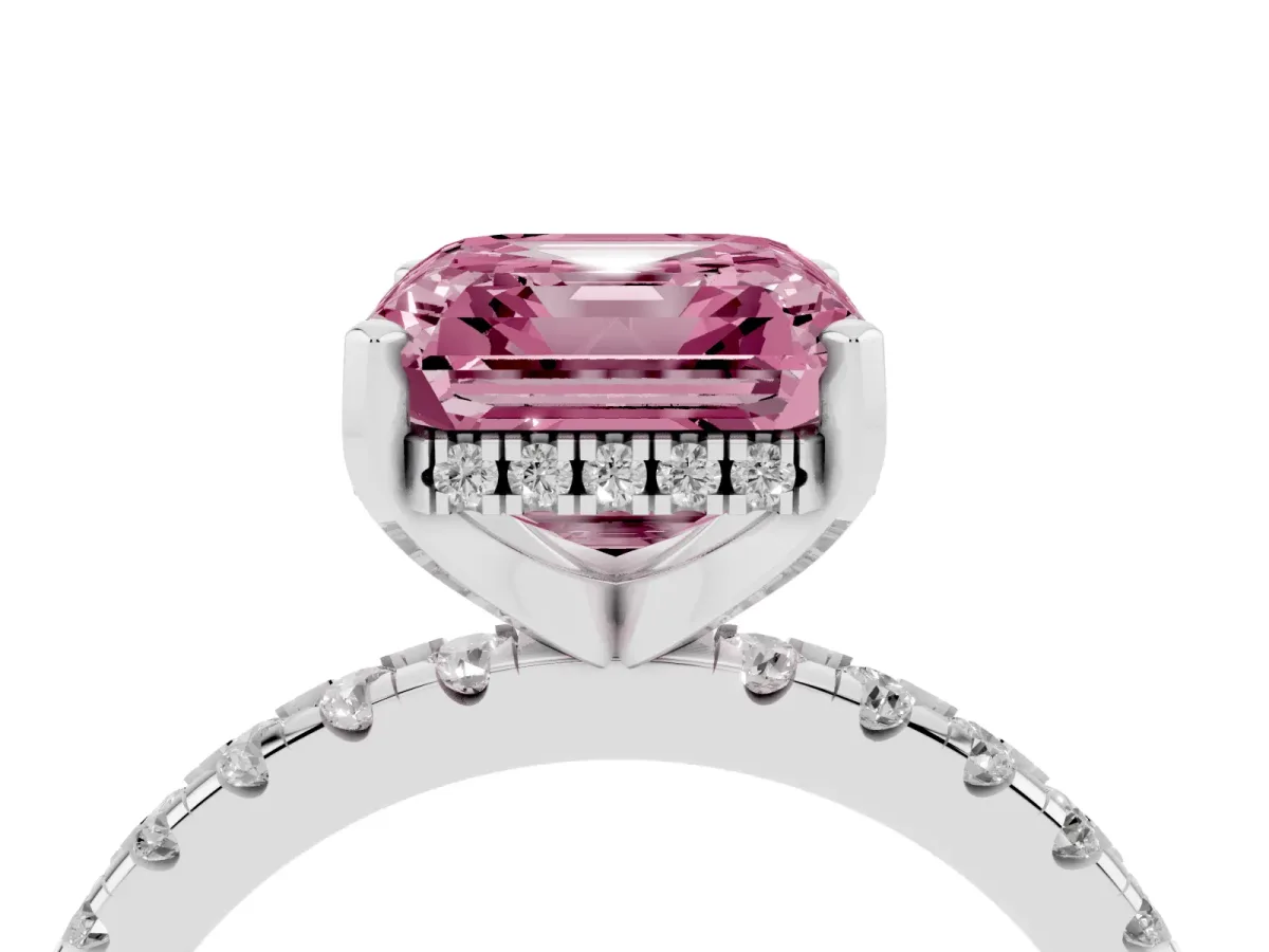 Fancy Pink Asscher Cut Diamond Solitaire Ring with Round Pavé Band and Four-Prong Setting Silver
