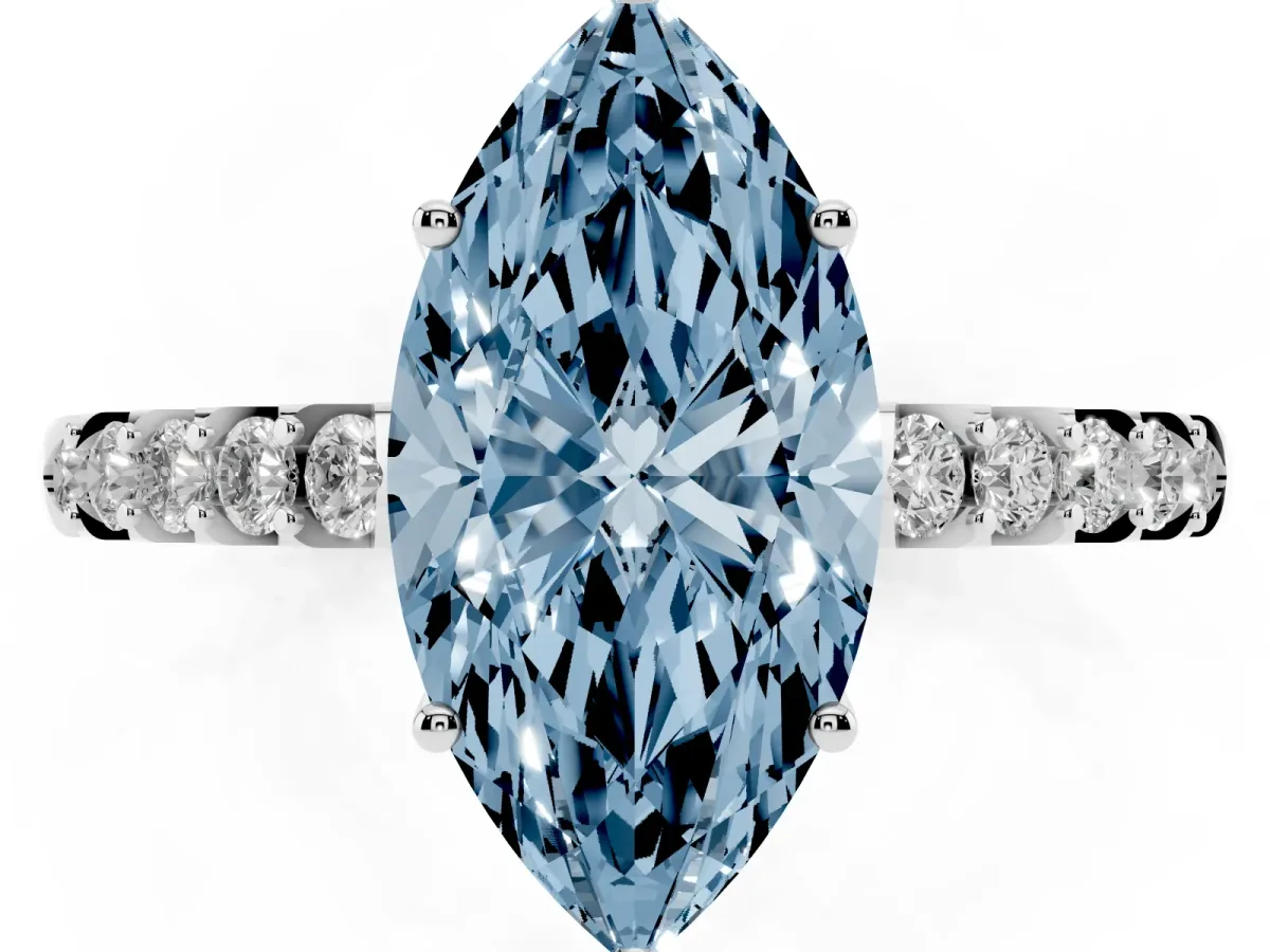 Fancy Blue Marquise Cut Solitaire Diamond Engagement Ring with Pavé Band and Six-Prong Setting White gold
