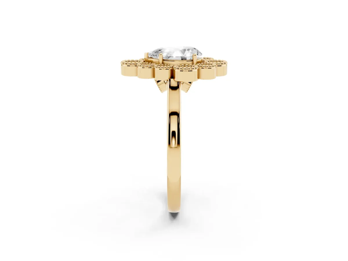 Pear Cut Halo Diamond Cluster Engagement Ring with Milgrain Bezel Setting and Solitaire Band Yellow gold