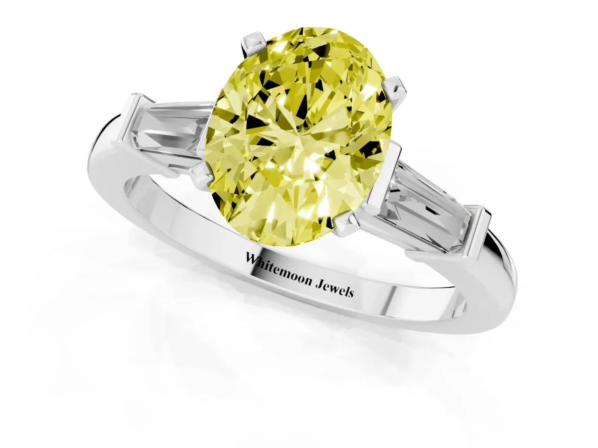 Fancy Yellow Oval Cut Cut Diamond Solitaire Ring with Tapered Baguette Accents and Four-Prong Setting Platinum