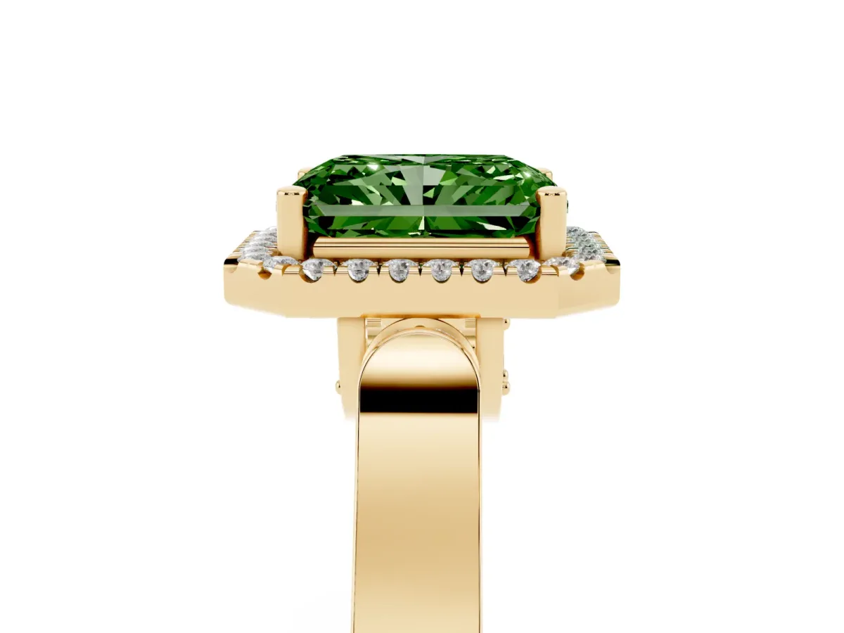 Fancy Green Radiant Cut Halo Pave Split Shank Prong Setting Ring Yellow gold