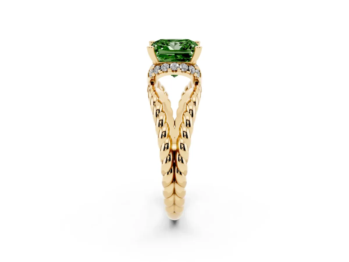 Fancy Green Princess Cut Halo Twisted Band Four-Prong Ring Yellow gold