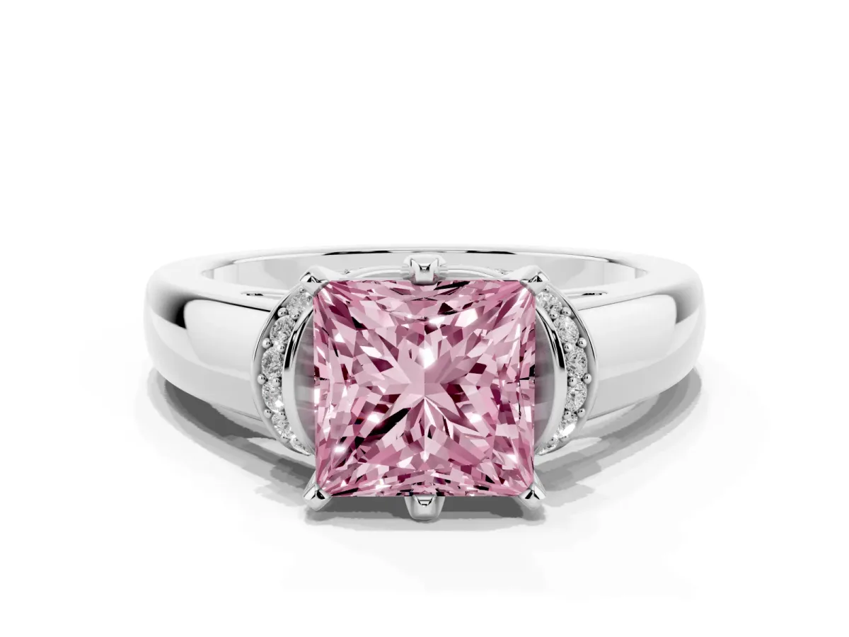 Fancy Pink Princess Cut Solitaire Diamond Ring with Pave Band and Six-Prong Setting White gold