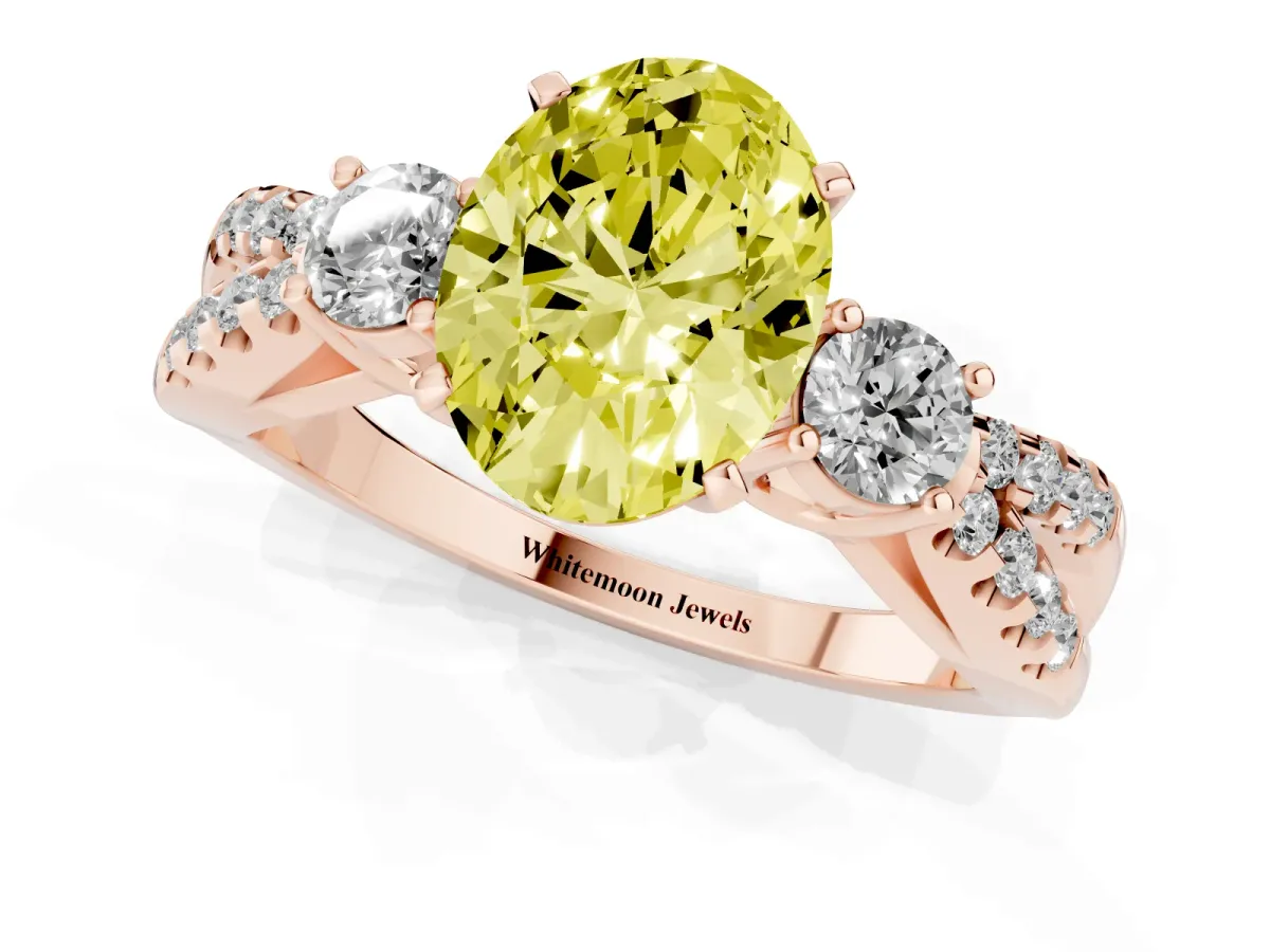 Fancy Yellow Oval Cut Diamond Three-Stone Ring with Pavé Split Shank and Four-Prong Setting Rose gold