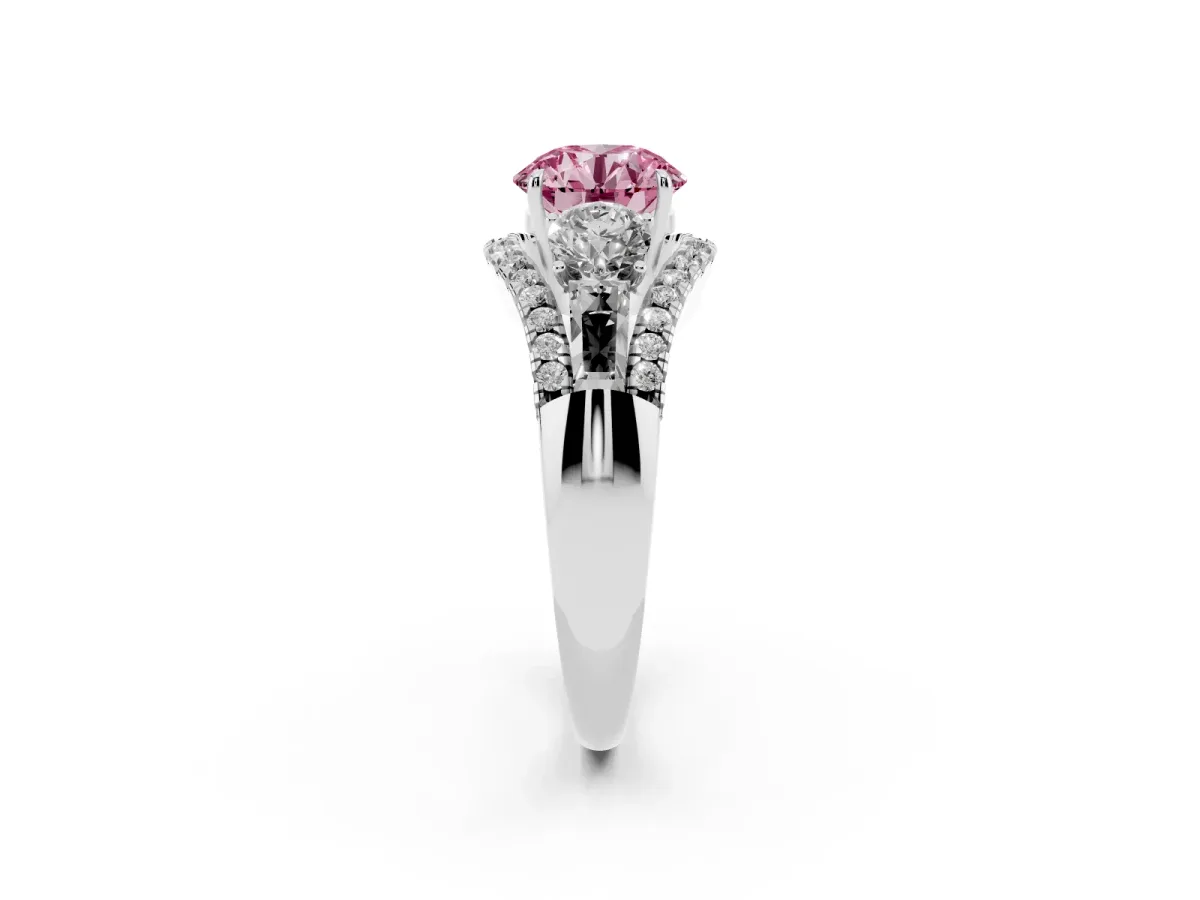 Fancy Pink Three-Stone Round Cut Diamond Engagement Ring with Pave Band and Prong Setting Silver