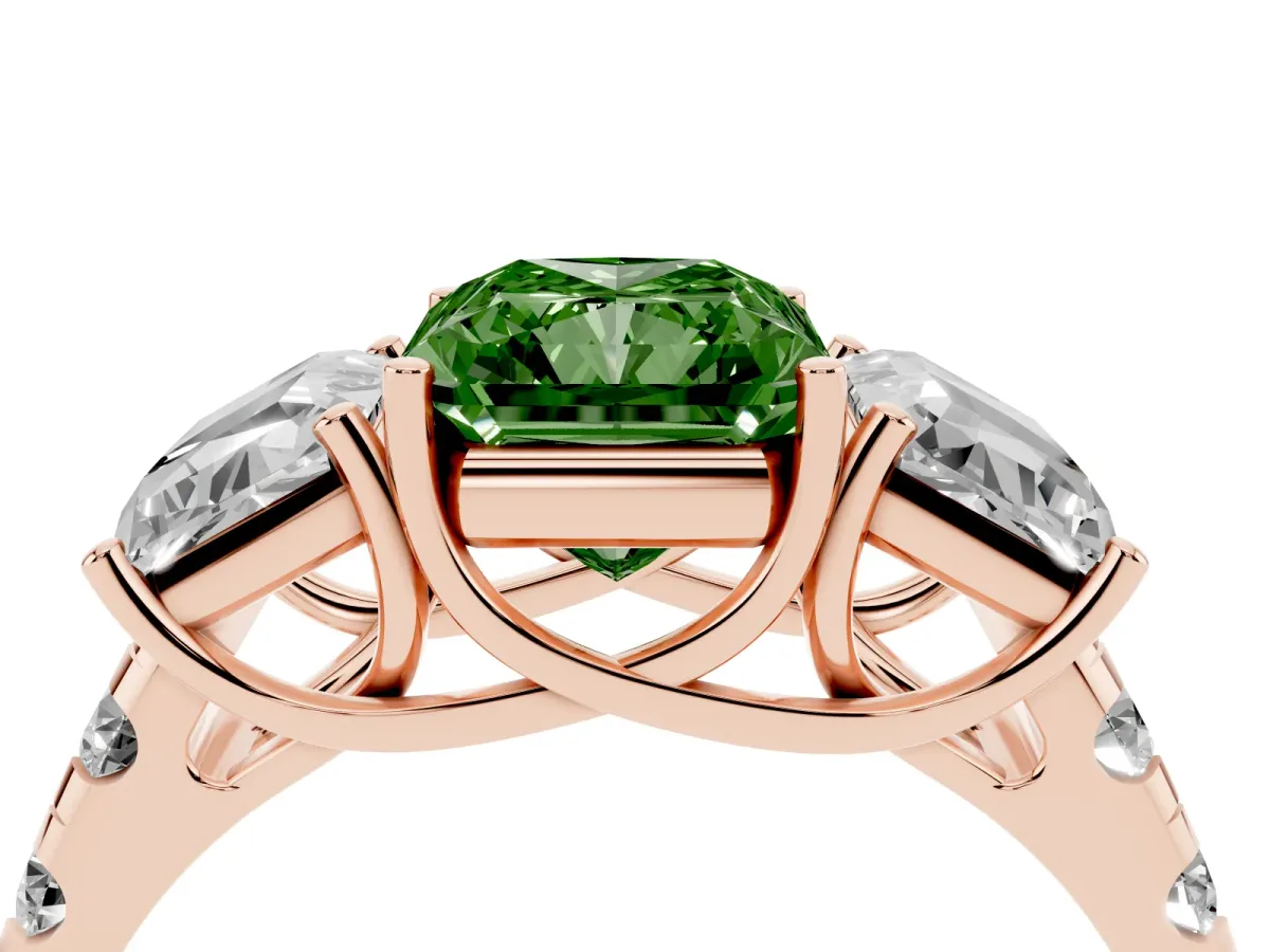Fancy Green Three-Stone Radiant Cut Diamond Pavé Band with Prong Setting Rose gold