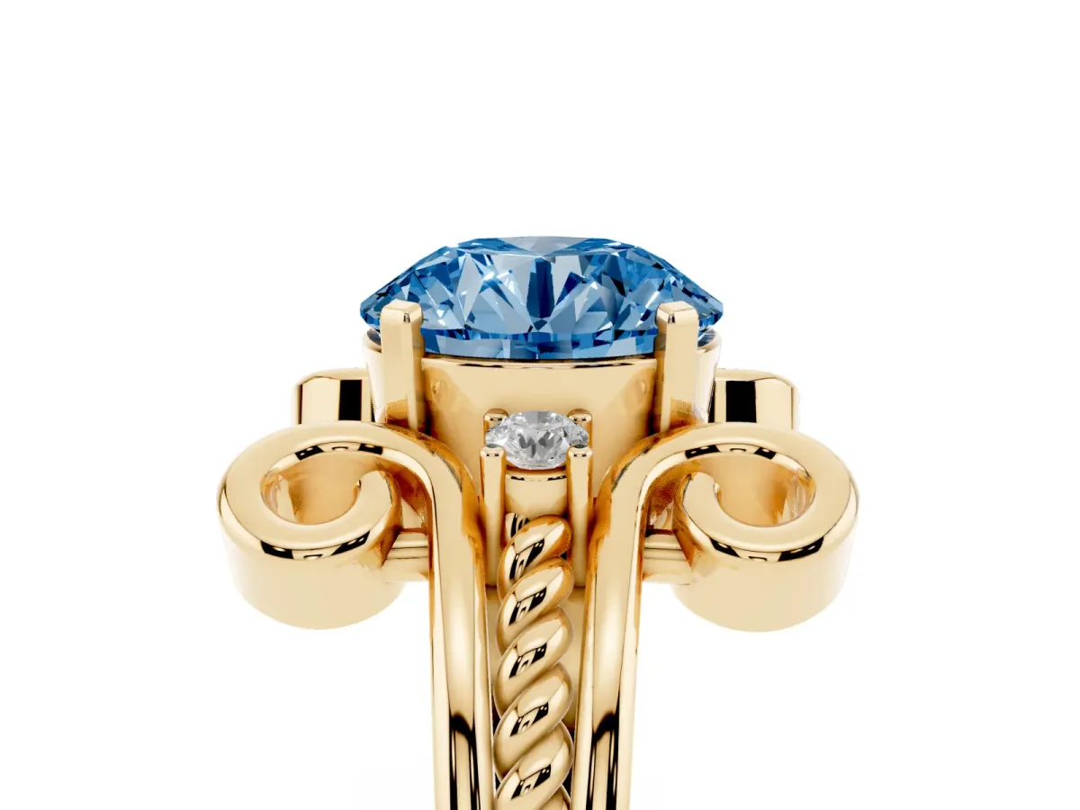 Fancy Blue Round Cut Solitaire Twisted Band Scroll Prong Ring Yellow gold
