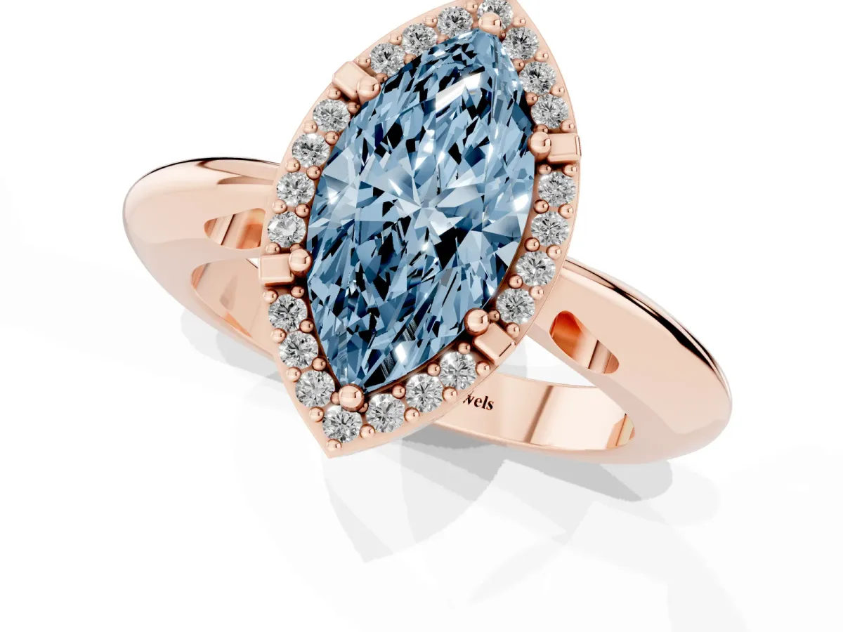 Fancy Blue Marquise Cut Cut Diamond Halo Engagement Ring with Split Shank and Four-Prong Setting Rose gold