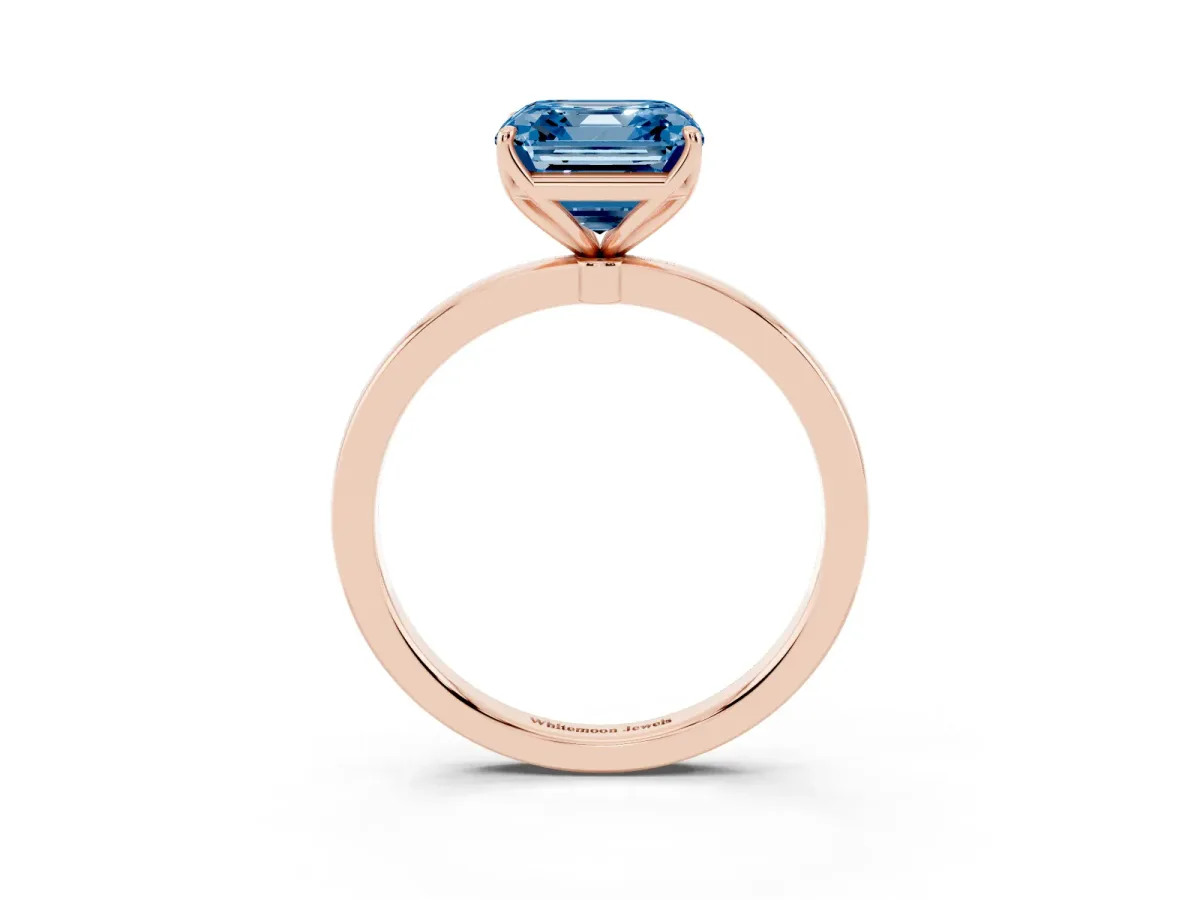 Fancy Blue Asscher Cut Diamond Solitaire Ring with Thin Band and Prong Setting Rose gold