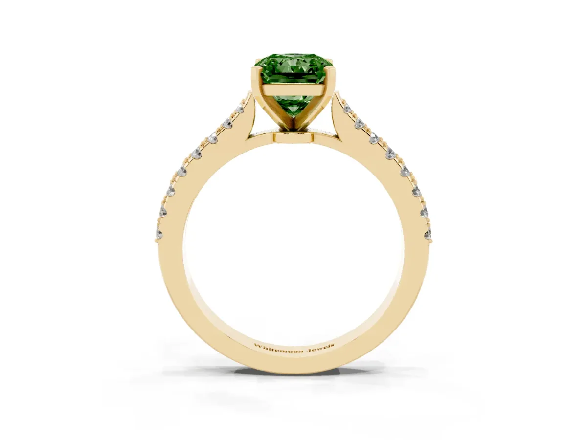 Fancy Green Radiant Cut Cut Solitaire Diamond Engagement Ring with Pave Band and Four-Prong Setting Yellow gold