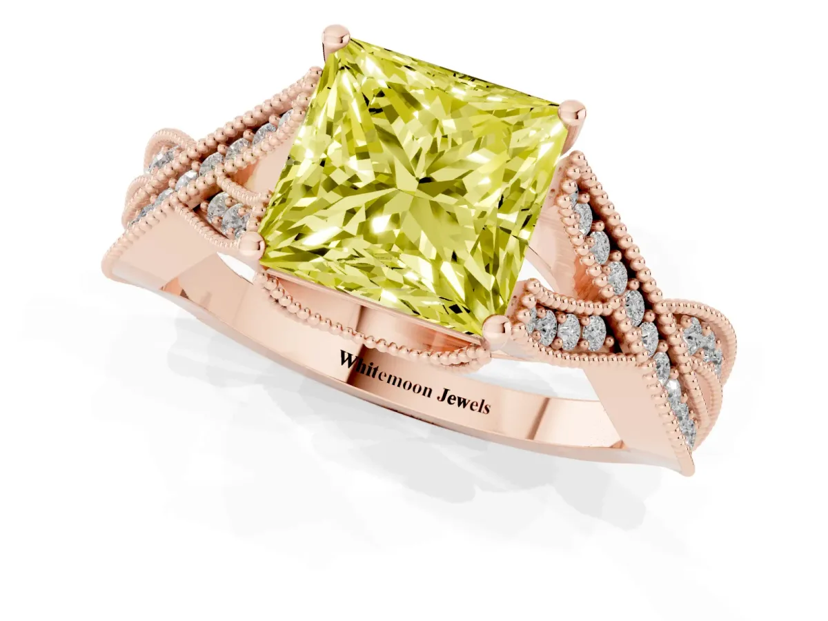 Fancy Yellow Princess Cut Cut Diamond Twisted Band with Milgrain Pave Setting and Four-Prong Setting Rose gold