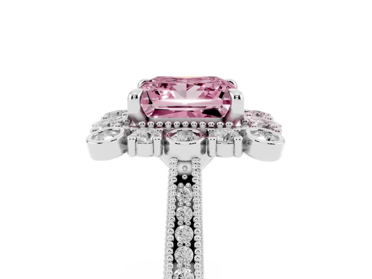 Fancy Pink Princess Cut Halo Milgrain Pave Diamond Ring with Four-Prong Setting Platinum
