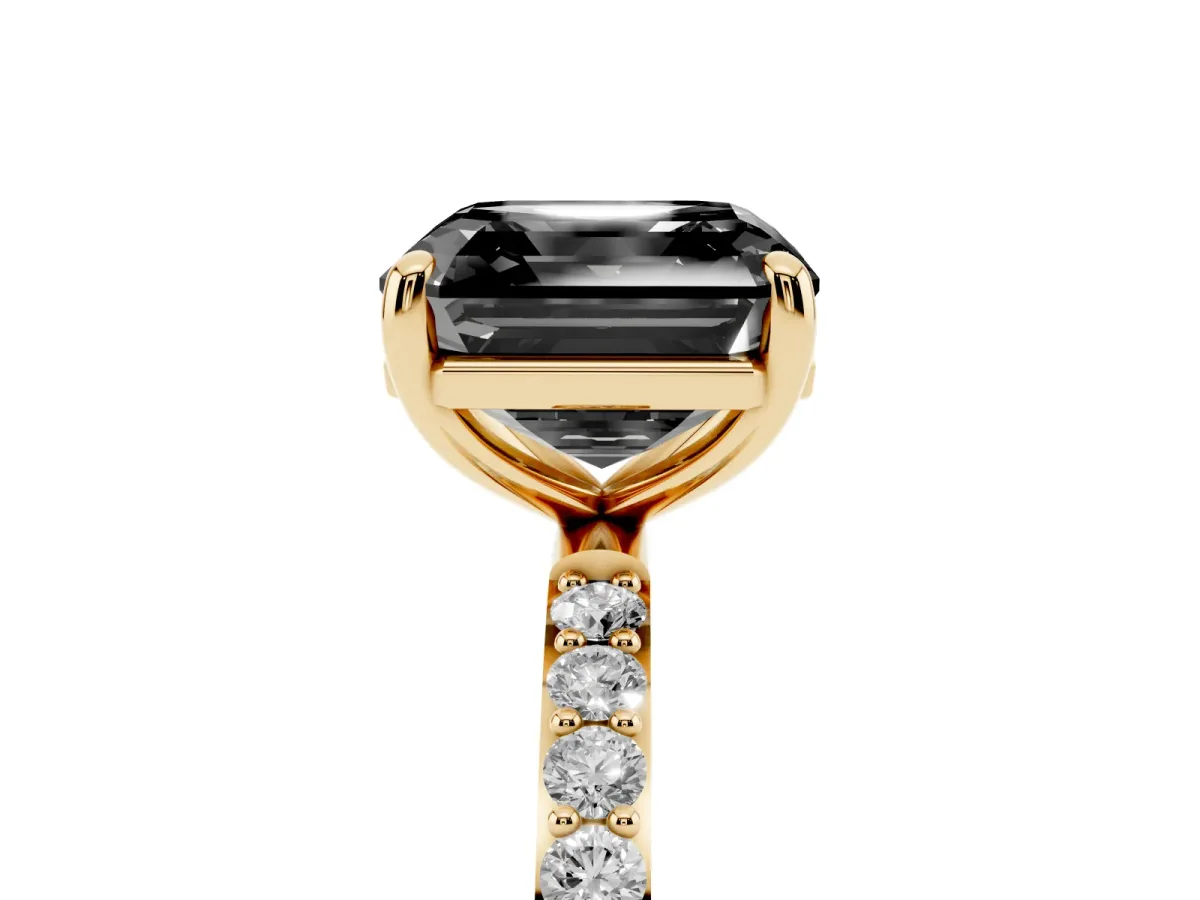 Fancy Black Asscher Cut Diamond Solitaire Ring with Round Pavé Band and Prong Setting Yellow gold