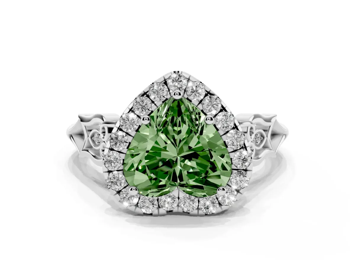 Fancy Green Heart Cut Halo Diamond Engagement Ring with Filigree Band and Four-Prong Setting Silver