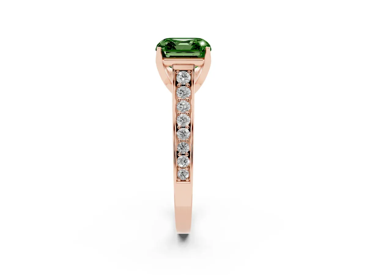 Fancy Green Asscher Cut Brilliant Cut Diamond Engagement Ring with Pavé Band and Four-Prong Setting Rose gold