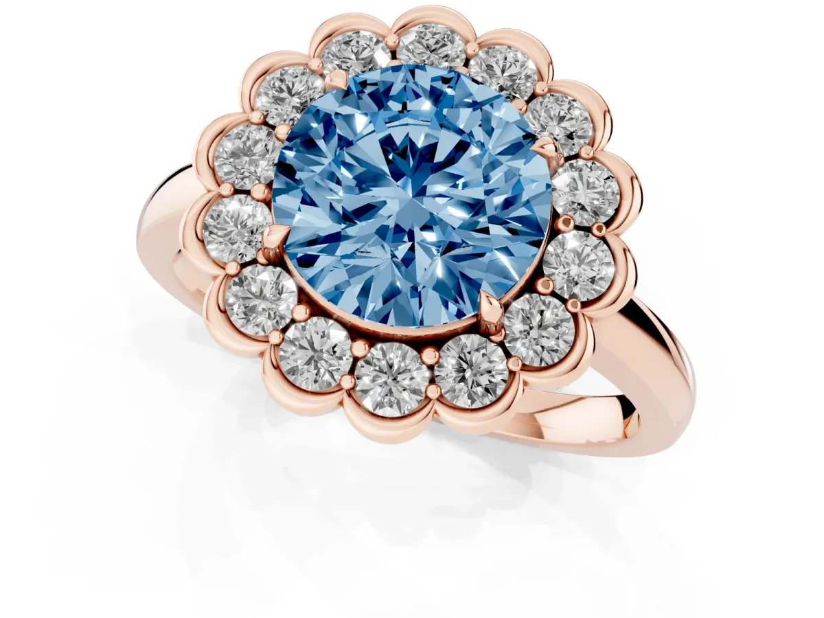 Fancy Blue Round Cut Halo Cluster Diamond Engagement Ring with Solitaire Band and Prong Setting Rose gold
