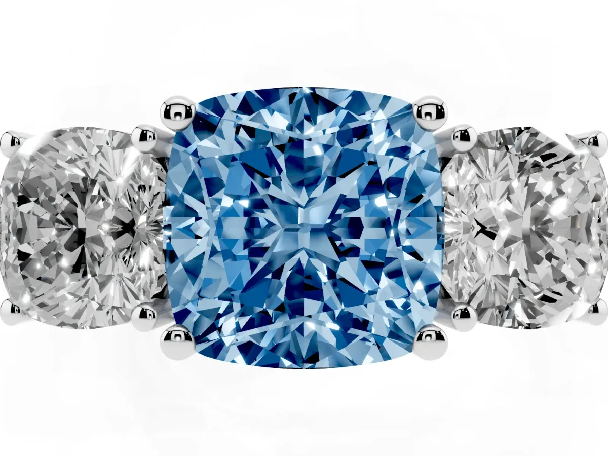 Fancy Blue Three-Stone Cushion Cut Cut Diamond Engagement Ring with Flat Band and Four-Prong Setting Silver