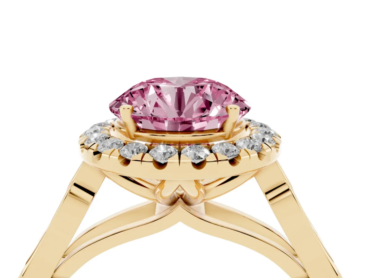 Fancy Pink Round Cut Halo Diamond Engagement Ring with Filigree Band and Four-Prong Setting Yellow gold