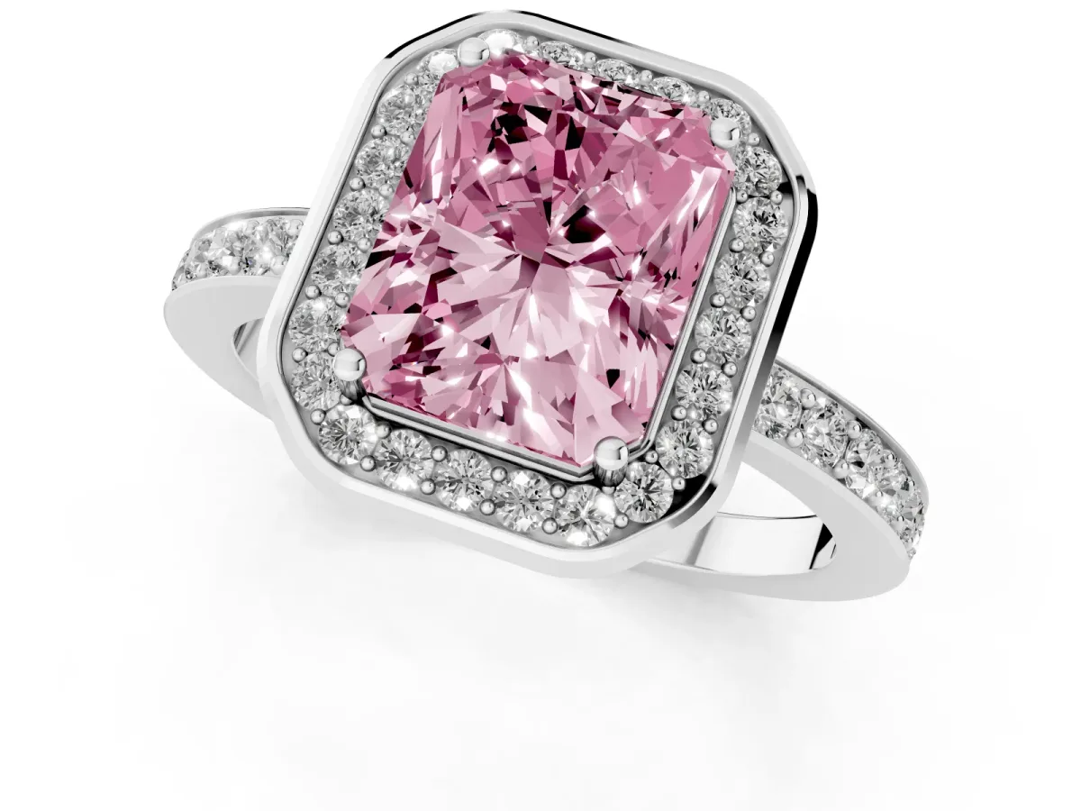 Fancy Pink Radiant Cut Diamond Halo Ring with Bezel Frame and Pavé Band Silver