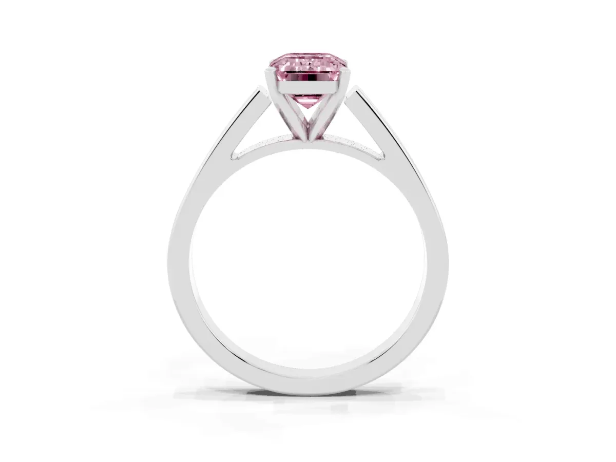 Fancy Pink Emerald Cut Solitaire Engagement Ring with Four-Prong Setting and Tapered Band Silver