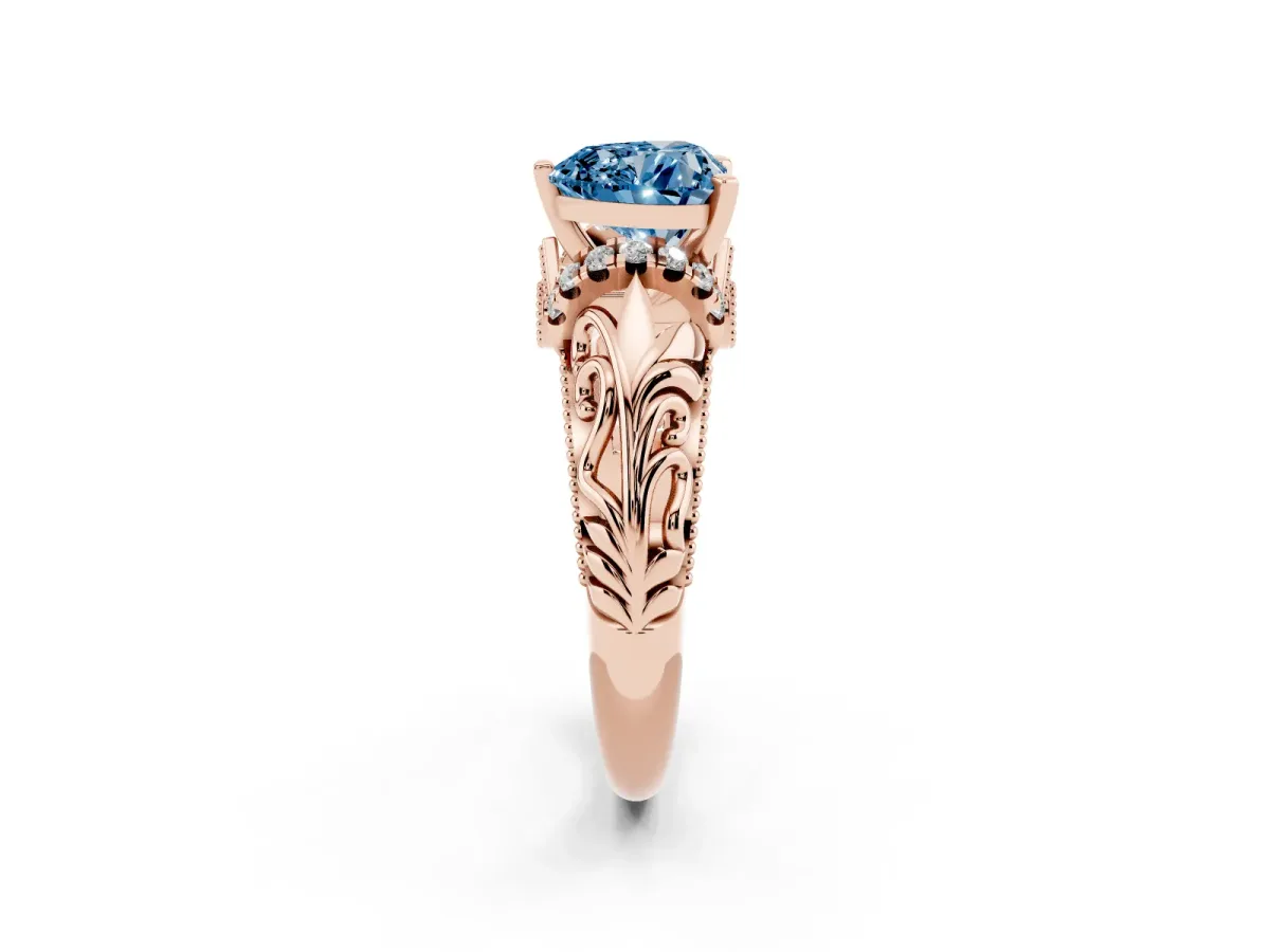 Fancy Blue Heart Cut Solitaire Filigree Engagement Ring with Halo and Prong Setting Rose gold