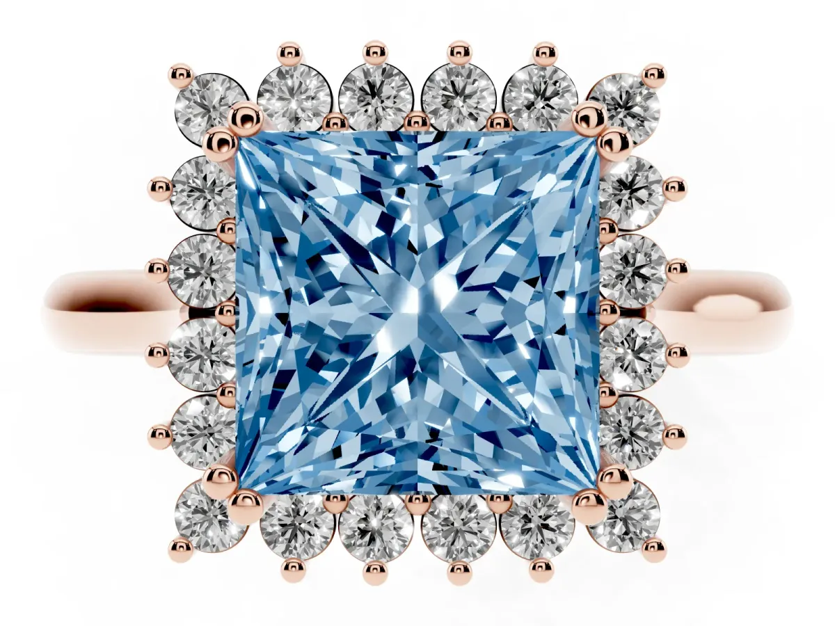 Fancy Blue Princess Cut Cut Diamond Halo Ring with Solitaire Band and Prong Setting Rose gold