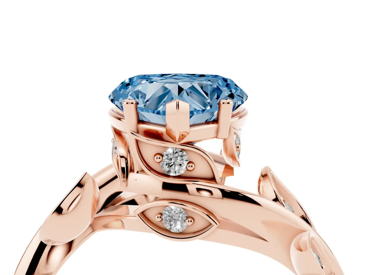 Fancy Blue Heart Cut Solitaire Twist Engagement Ring with Leaf Accents and Prong Setting Rose gold