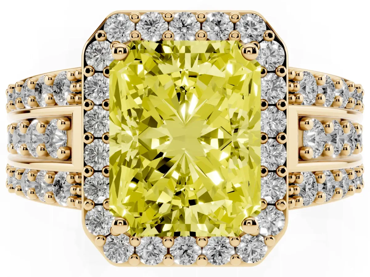 Fancy Yellow Radiant Cut Halo Diamond Ring with Round Split Shank and Prong Setting Yellow gold